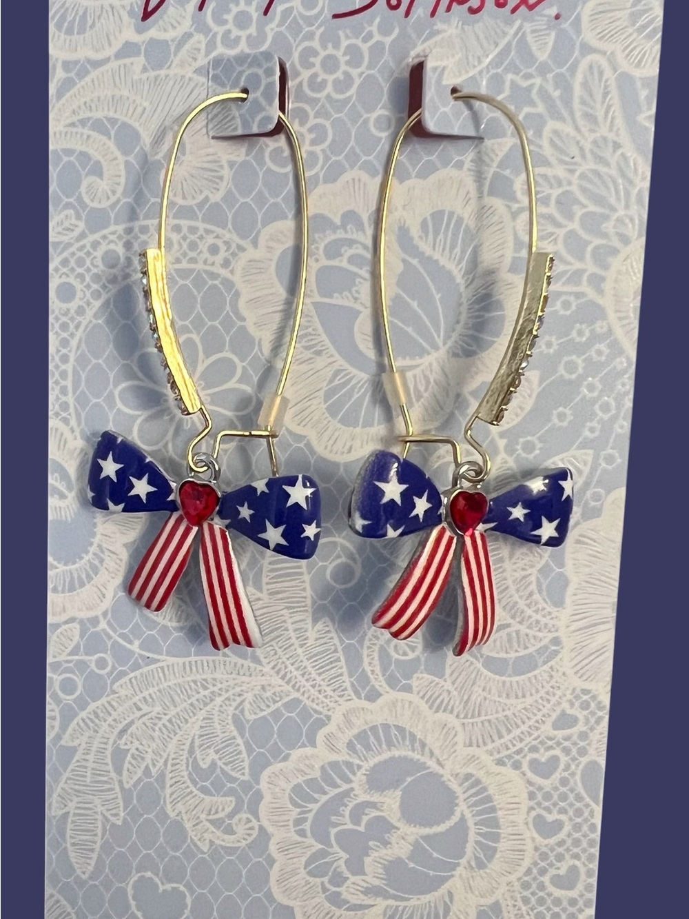 Betsey Johnson Patriotic Bow Drop Earrings with Red Heart Accent